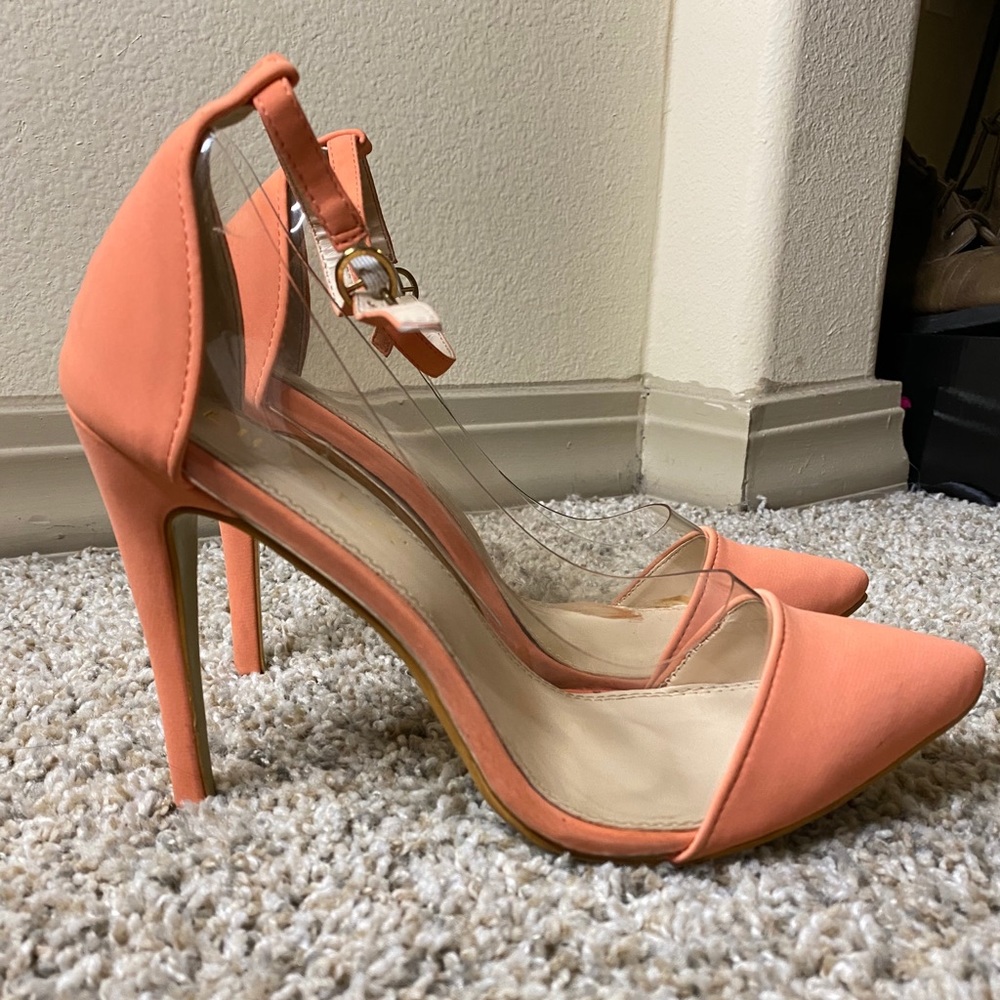 Coral Heels with an Ankle strap and clear sides